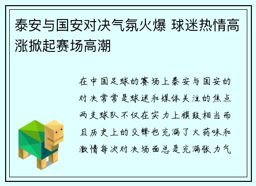 泰安与国安对决气氛火爆 球迷热情高涨掀起赛场高潮